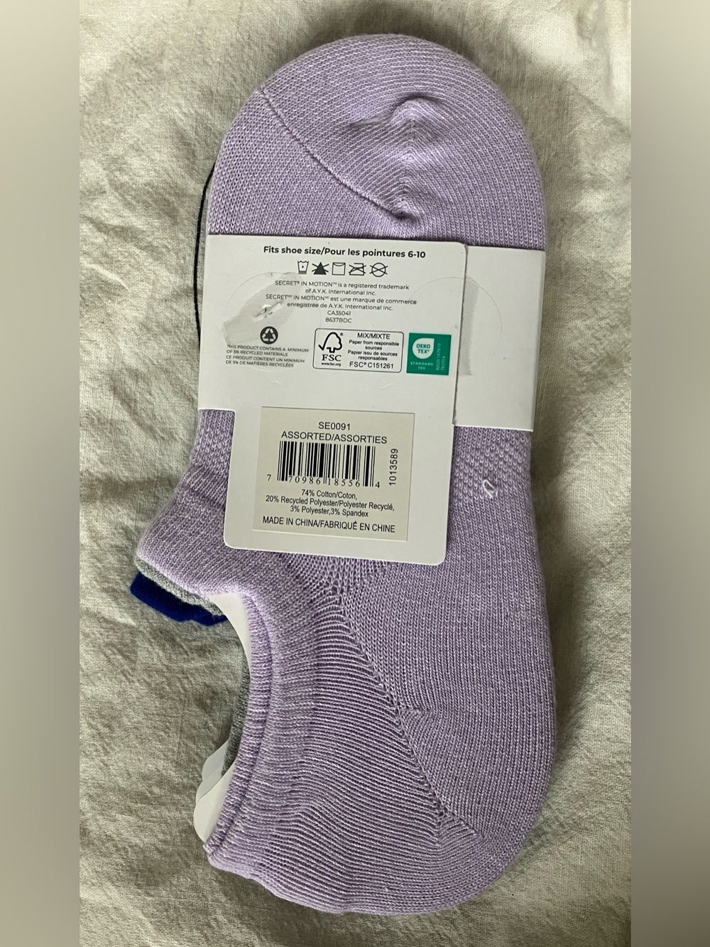 Secret in Motion 74% Cotton No Show Socks 3-Pack Lilac Blue Grey Cobalt NWT